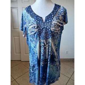 Live & Let Live  XL Tunic Top Plus Blue Sequin Paisley Print Short Sleeve Boho